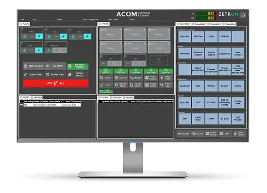 Computer monitor displaying a control interface with labeled controls and activity indicators.